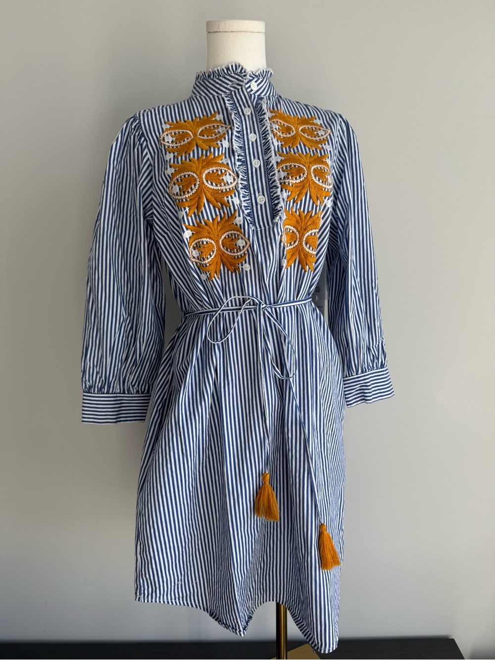 Julia Jordan Blue Striped with Mustard Embroidered T-shirt Dress 100% Cotton
